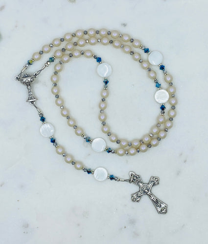 White Pearl and Blue Accent Holy Communion Rosary