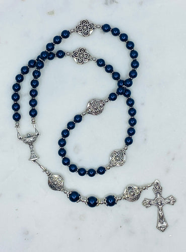 Deep Blue Crystal Pearl and Silver Accent Holy Communion Rosary
