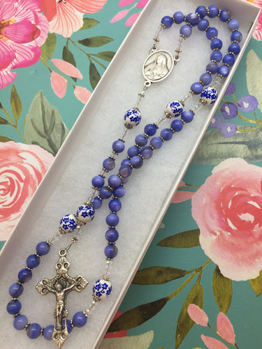 Our Lady of Guadalupe Rosary - Divine Mercy, Blue and White Flower Beads