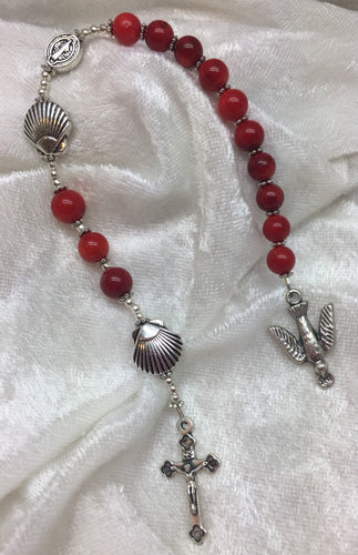 St Benedict Keychain Pocket Rosary - Red Coral, Holy Spirit Silver Scallop Shell, Car Rosary, Handsome, Men's, Confirmation, Dove, Eucharist, Womens